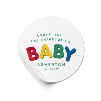 Cute Colorful Baby Personalized Baby Shower Classic Round Sticker by LeaDelaverisDesign at Zazzle