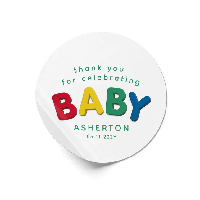 Cute colorful baby personalized baby shower classic round sticker | Zazzle