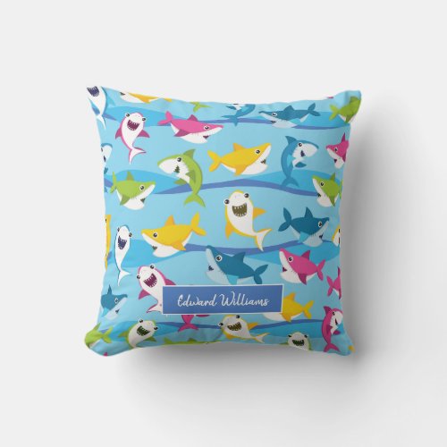 Cute Colorful Baby Shark Pattern for Little Kids Throw Pillow