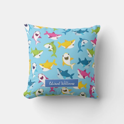 Cute Colorful Baby Shark Pattern for Little Kids Throw Pillow