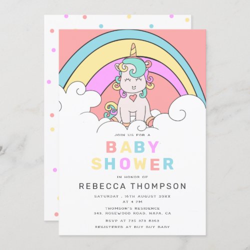 Cute Colorful Baby Unicorn Baby Shower  Invitation