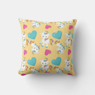 Cute Colorful Baby Unicorn & Hearts Throw Pillow