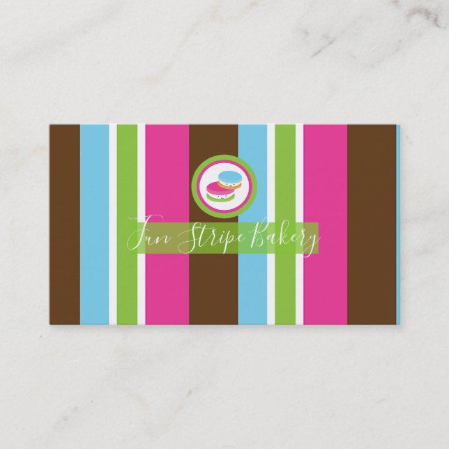Cute Colorful Bakery Macaroons Fun Stripe Business Card (Front)