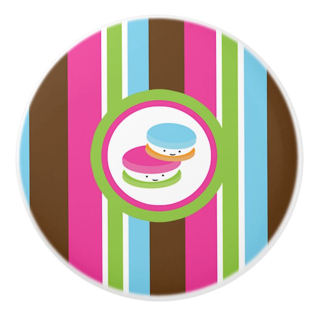 Cute Colorful Bakery Macaroons Fun Stripes Ceramic Knob (Front)
