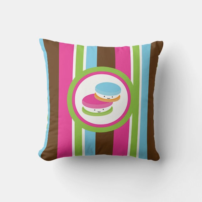 Cute Colorful Bakery Macaroons Fun Stripes Throw Pillow (Front)