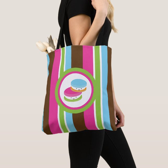 Cute Colorful Bakery Macaroons Fun Stripes Tote Bag (Close Up)