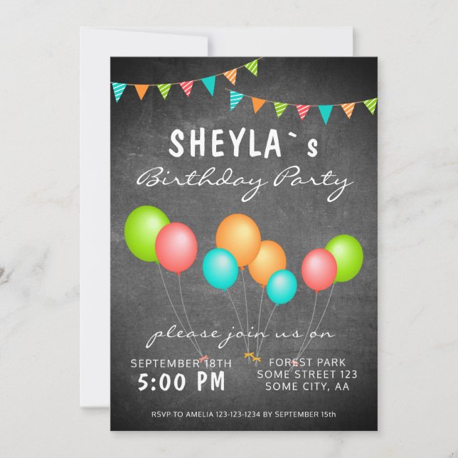 Cute Colorful Balloon Chalkboard Birthday Party Invitation (Front)