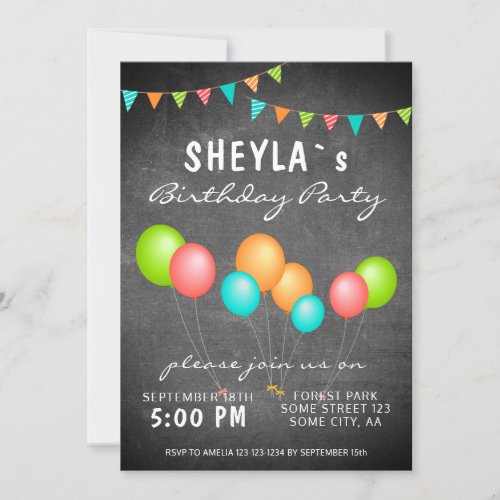 Cute Colorful Balloon Chalkboard Birthday Party Invitation