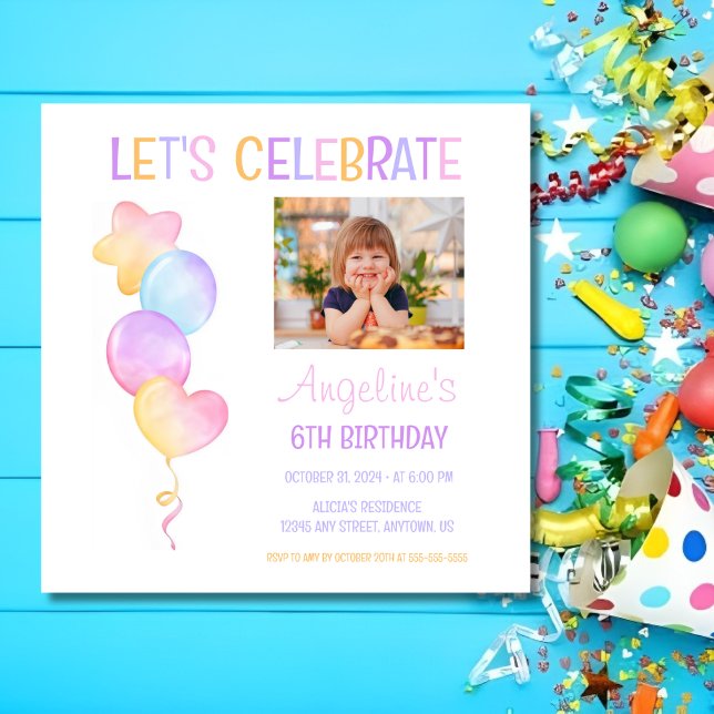 Cute Colorful Balloon Photo Kids Birthday Invitation (Creator Uploaded)