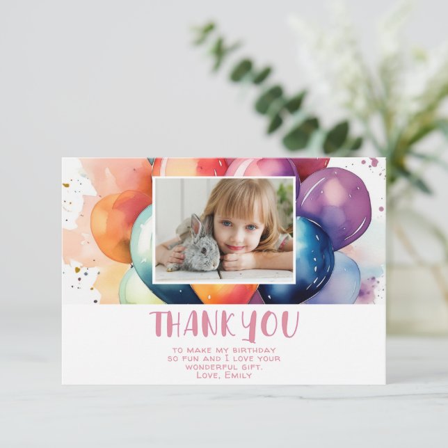 Cute Colorful Balloons Birthday Kid's Photo Thank You Card (Standing Front)