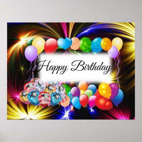 cute Colorful Balloons Fireworks Birthday Poster