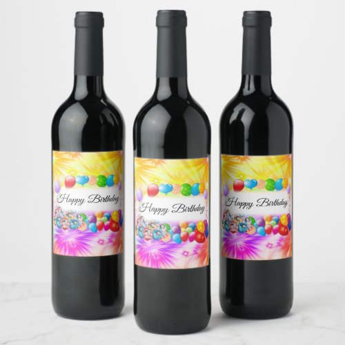 Cute Colorful Balloons Fireworks Birthday Wine Label