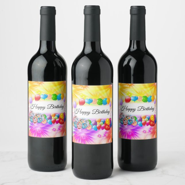 Cute, Colorful Balloons, Fireworks, Birthday Wine Label (Bottles)
