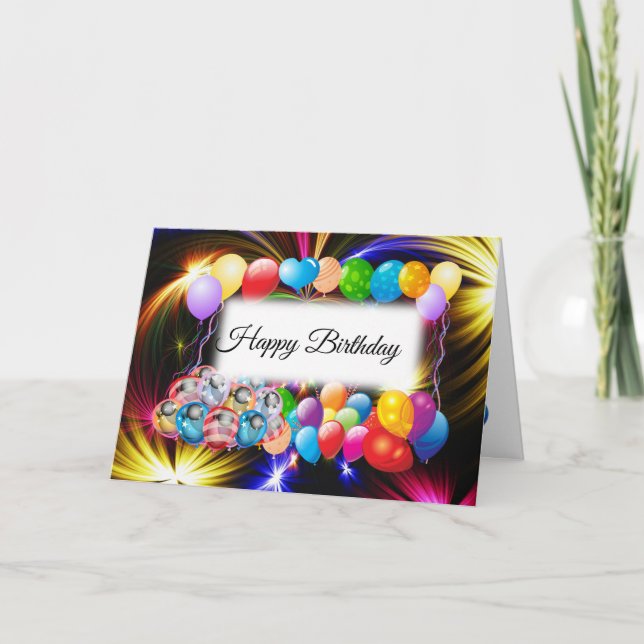 Cute, Colorful Balloons, Fireworks, Happy Birthday Card (Front)