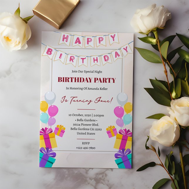 Cute Colorful Balloons & Gifts Kids Birthday Party Invitation (Creator Uploaded)