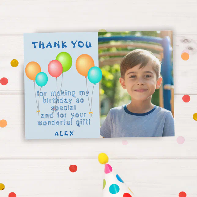 Cute Colorful Balloons Kids Birthday Photo Thank You Card | Zazzle