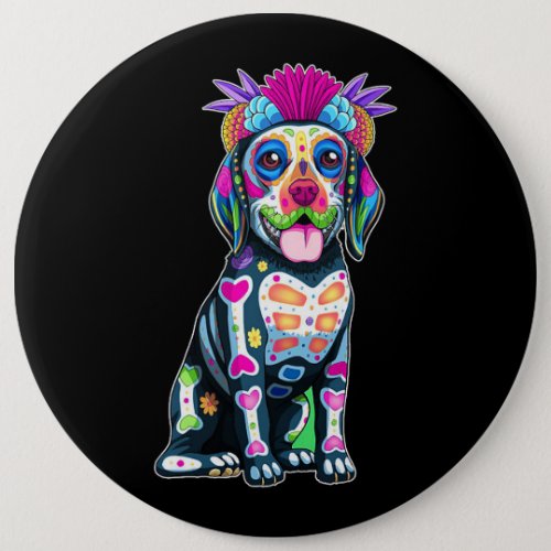 Cute Colorful Beagle Dog Sugar Skull Mexican Hallo Button