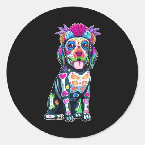 Cute Colorful Beagle Dog Sugar Skull Mexican Hallo Classic Round Sticker