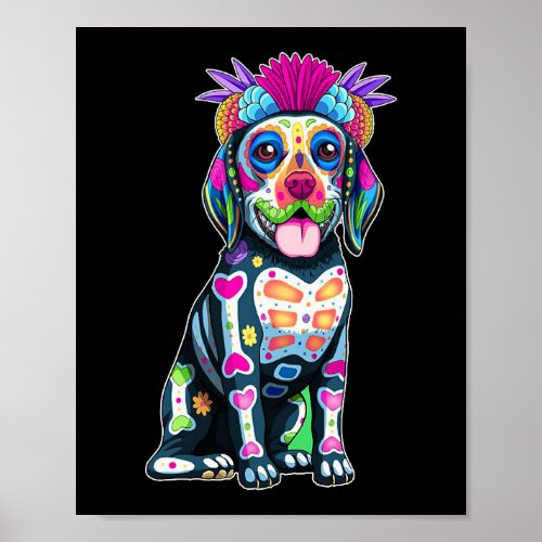 Cute Colorful Beagle Dog Sugar Skull Mexican Hallo Poster