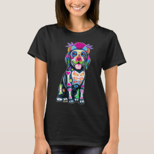 Cute Colorful Beagle Dog Sugar Skull Mexican Hallo T-Shirt