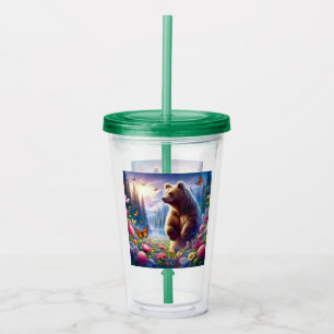 Cute, colorful bear & butterflies acrylic tumbler
