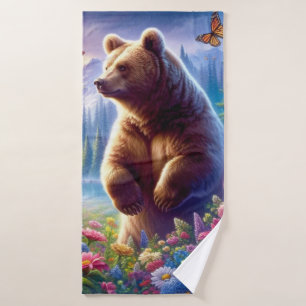 Cute, colorful bear & butterflies bath towel