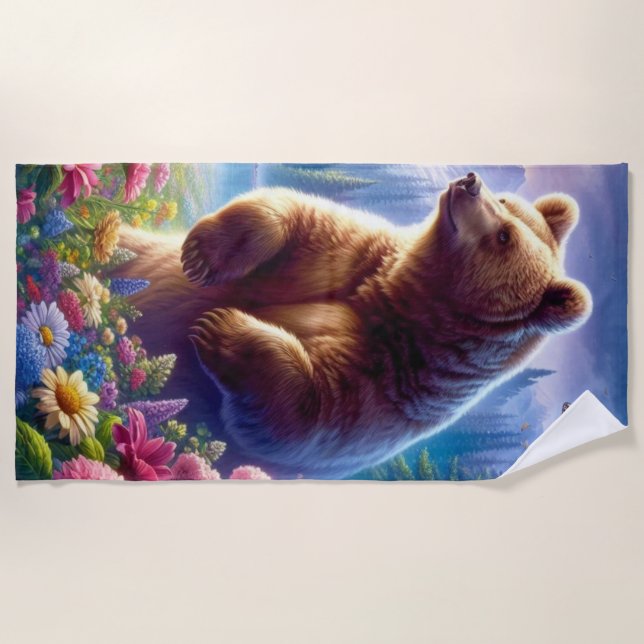 Cute, colorful bear & butterflies beach towel (Front)