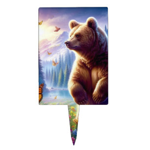 Cute, colorful bear & butterflies cake topper