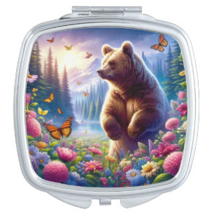 Cute, colorful bear & butterflies compact mirror