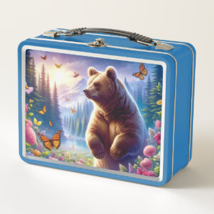 Cute, colorful bear & butterflies metal lunch box