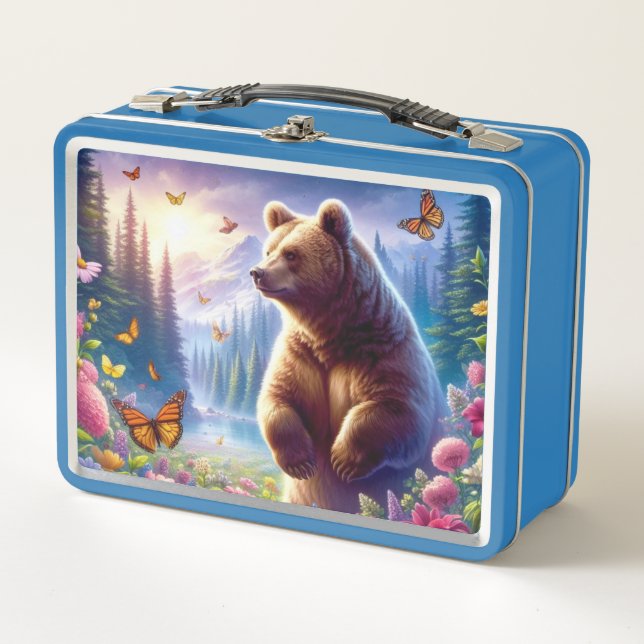 Cute, colorful bear & butterflies metal lunch box (Front)