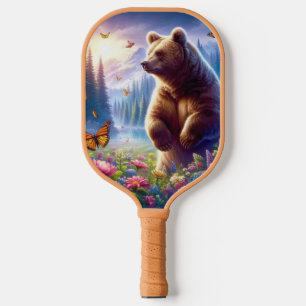 Cute, colorful bear & butterflies pickleball paddle