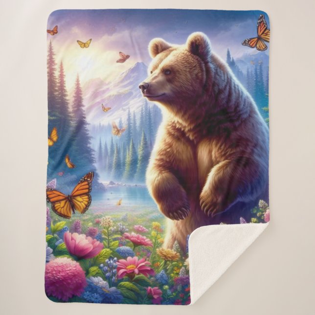 Cute, colorful bear & butterflies sherpa blanket (Front)