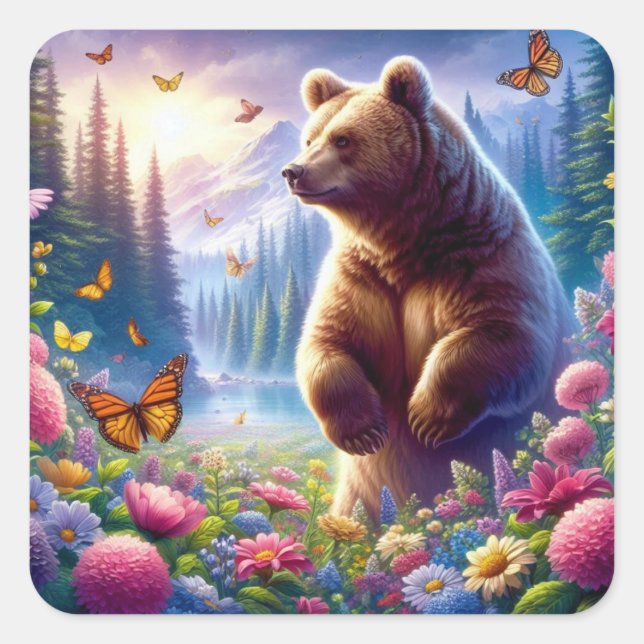 Cute, colorful bear & butterflies square sticker (Front)