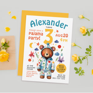 Cute Colorful Bear Pajama Birthday Watercolor Invitation
