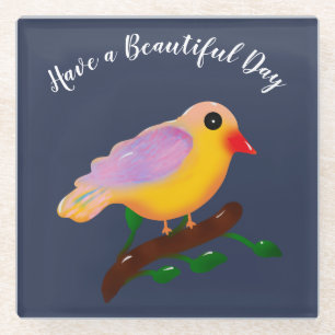Cute Colorful Bird on Branch Hand Drawn Songbird Glass Coaster