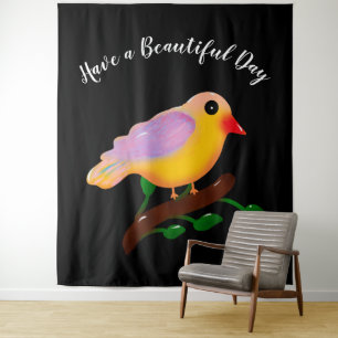 Cute Colorful Bird on Branch   Hand Drawn Songbird Tapestry