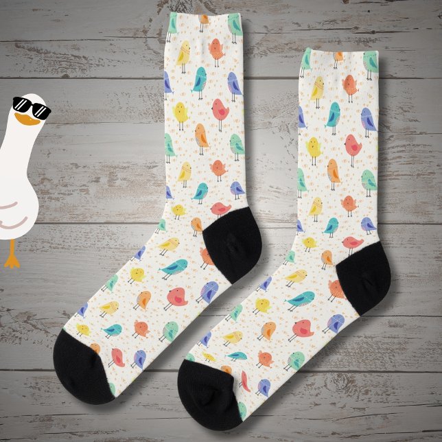 Cute colorful birds cartoon drawing, on white socks (Creator Uploaded)