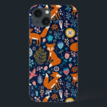 Cute Colorful Birds Flowers Foxes Pattern iPhone 13 Case<br><div class="desc">Cute colorful flowers birds and red foxes cartoon style illustration on dark blue background color you can change</div>