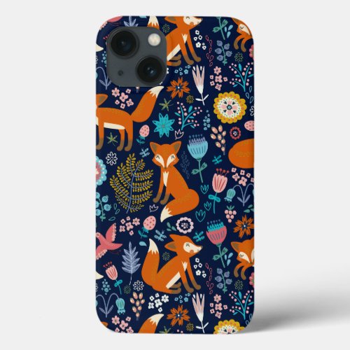 Cute Colorful Birds Flowers Foxes Pattern iPhone 13 Case