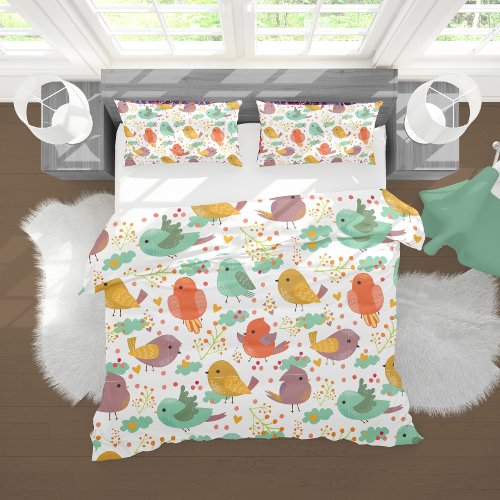 Cute Colorful Birds Hearts Clouds Dots Duvet Cover