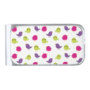 Cute colorful birds silver finish money clip
