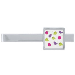 Cute colorful birds silver finish tie bar