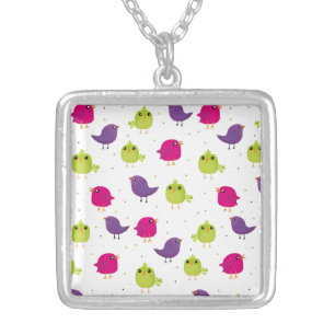 Cute colorful birds  silver plated necklace