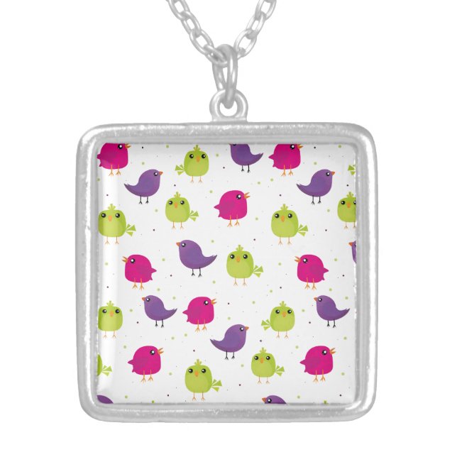 Cute colorful birds  silver plated necklace (Front)