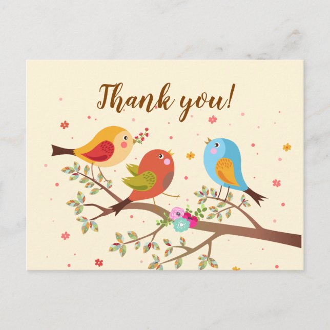 Cute Colorful Birds Thank You Postcard (Front)