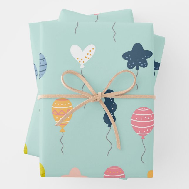 Cute Colorful Birthday Party Balloon Pattern Wrapping Paper Sheets (In situ)