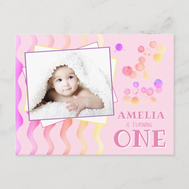 Cute Colorful Blots 1st Birthday Photo Invitation Postcard (Front)