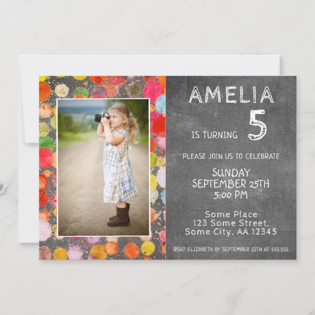 Cute Colorful Blots Chalkboard Kids Photo Birthday Invitation (Front)