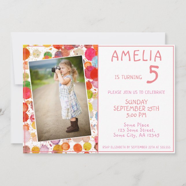 Cute Colorful Blots Girly Kids Photo Birthday Invitation (Front)